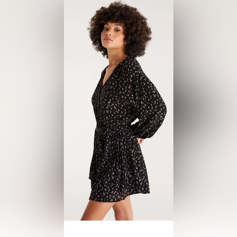 Z Supply Black Dress with Blush Spot Print — Long Sleeve Tie Waist